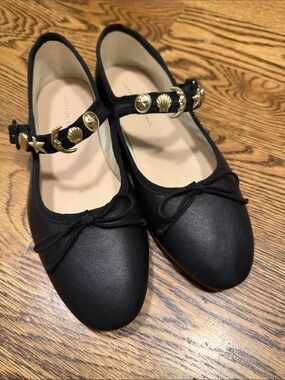 Loeffler Randall Black Mary Jane Flats with Gold Celestial Studs